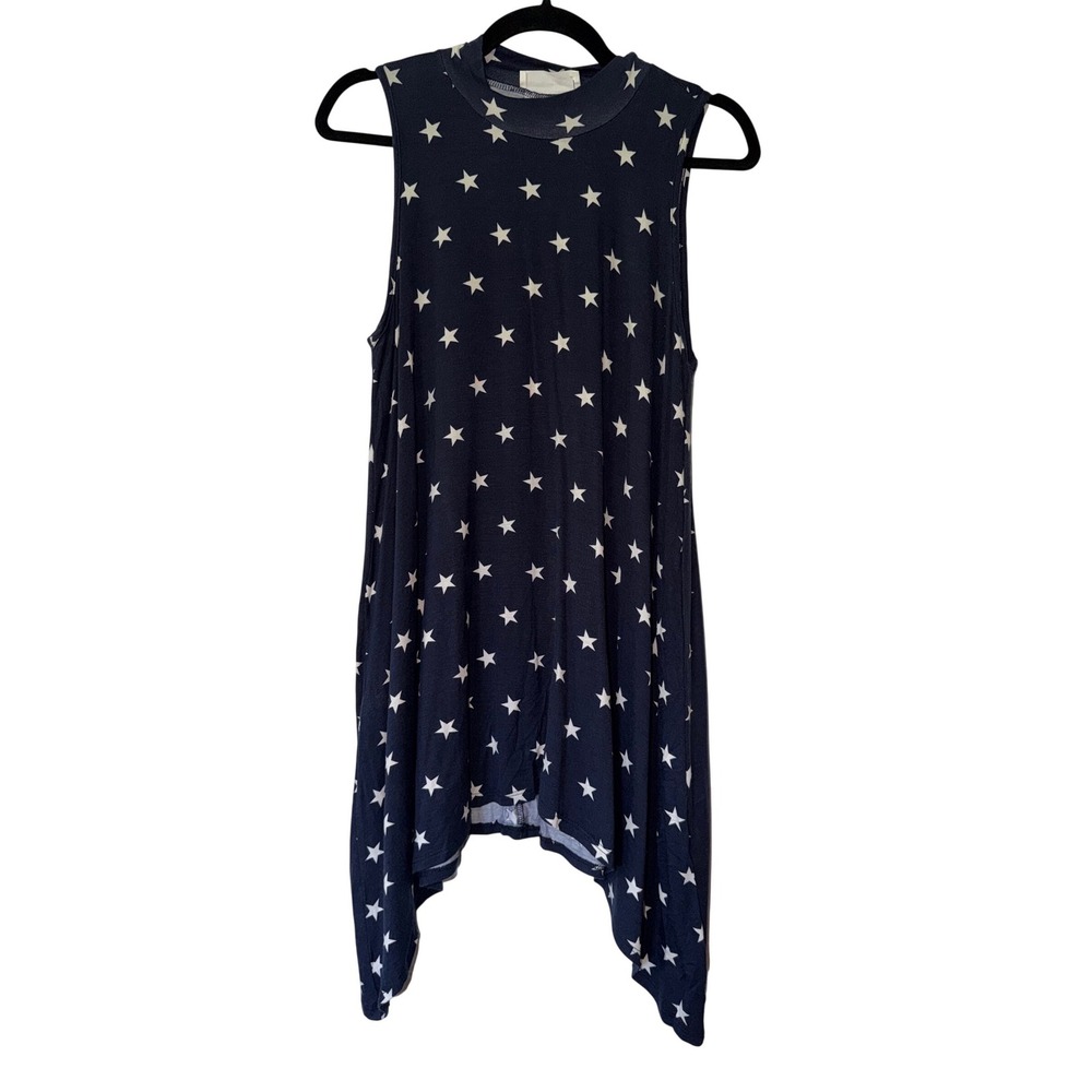 Peach Love California Navy Star Print Mock Neck Sharkbite Hem‎ Dress Small NWT